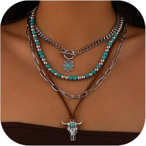 Jewelry - Women's Vintage Western Turquoise Beaded Western Cactus Cross Chain Necklaces